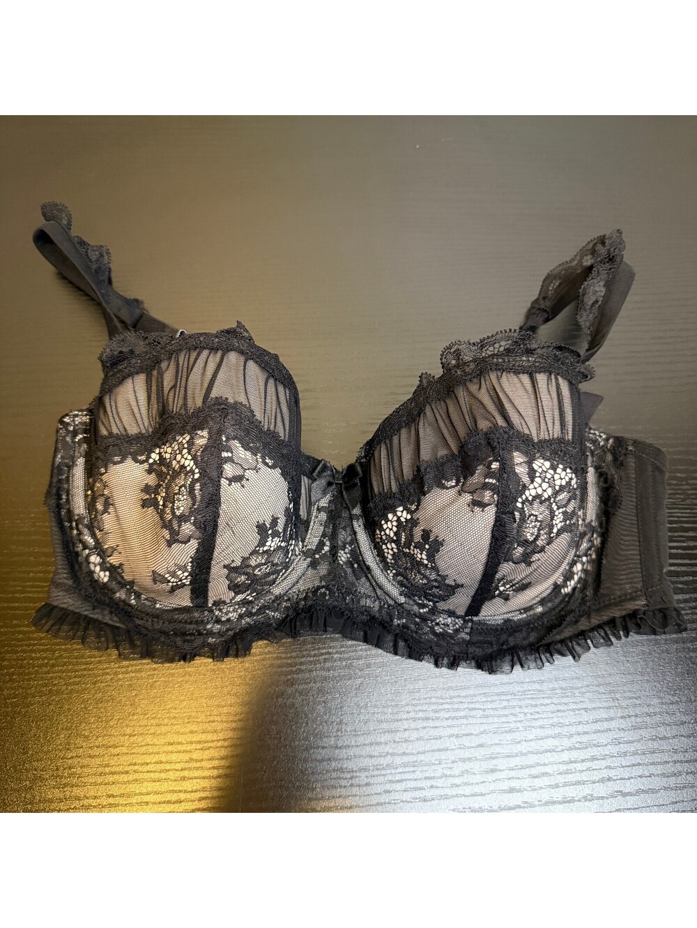 H&M 36C Black Floral Lace Mesh Longline Underwire Bra